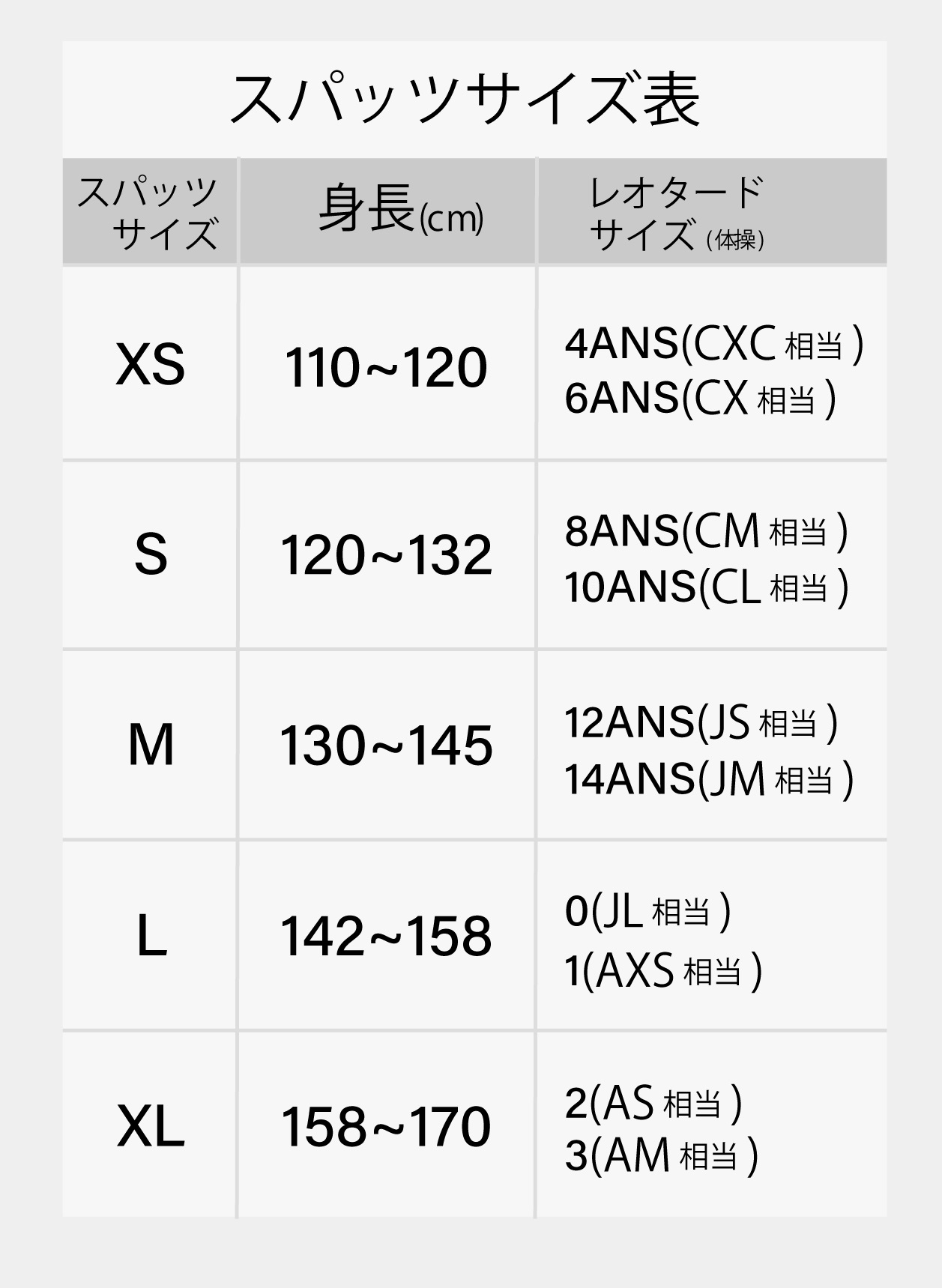 スパッツサイズ表